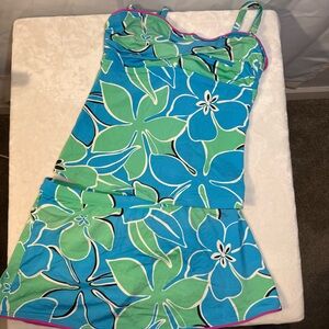 JAG Blue Green Floral Tankini Swim Set Skirted Bottom Retro Y2K Beach Size S